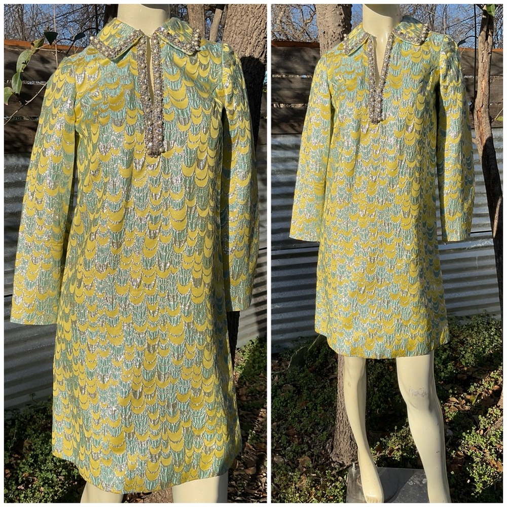 Vintage 60s Mod GoGo Beaded Metallic Silk Brocade Twiggy Dress Size Small - Picture 4 of 8